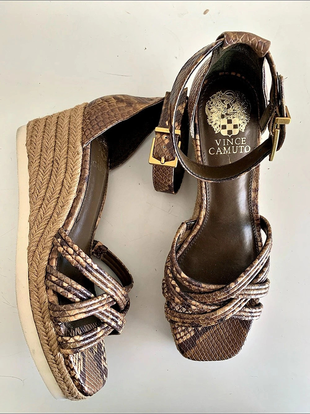 Vince Camuto Jilesa Espadrille Wedge Sandal Brown & Cream Snake Print 8M